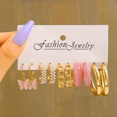 Fashion Geometric Chain Butterfly Hoop Earring Set (5 pair)